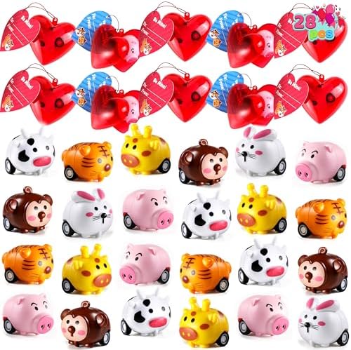 JOYIN 28 Pack Valentine Day Animals Pull Back Vehicles for Kids with Gift Cards and Filled Hearts, Go Car Toy Sets for Toddlers Kids Valentine School Classroom Exchange