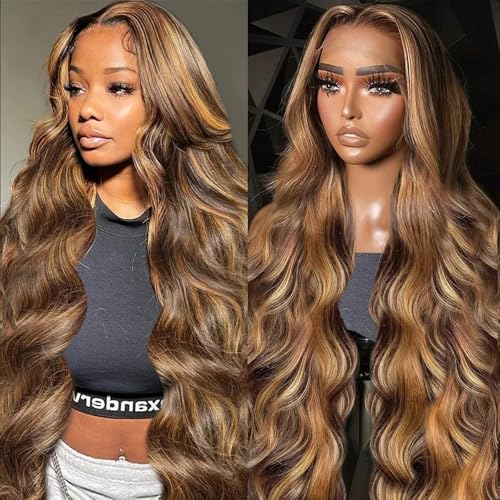 Ombre Honey Blonde Lace Front Wig Human Hair 13x6 Highlight Body Wave Lace Front Wig Human Hair Pre Plucked With Baby Hair 4/27 HD Lace Wig Human Hair 200% Density Colored Wigs 34 Inch