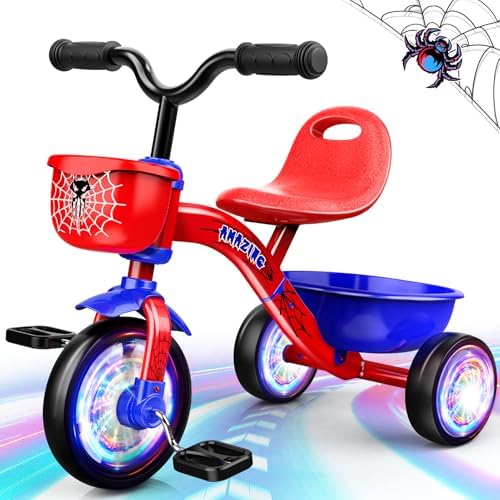Tricycle for Toddlers 1-3 3-5 Year Olds, Spider Toddler Bike Baby Balance Bike with Colorful Lighting Wheels & Large Basket, Birthday Gift and Toy for 1 2 3 4 5 Year Olds Boys and Girls
