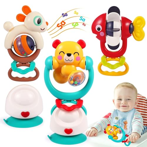 Baby Toys 6-12 Months Infant Toys Set of 3 High Chair Suction Cup Rattle Teething Toys for Baby 6 7 9 12-18 Months 2-in-1 Sensory Development Tray Toy Baby Gifts for Boys Girls