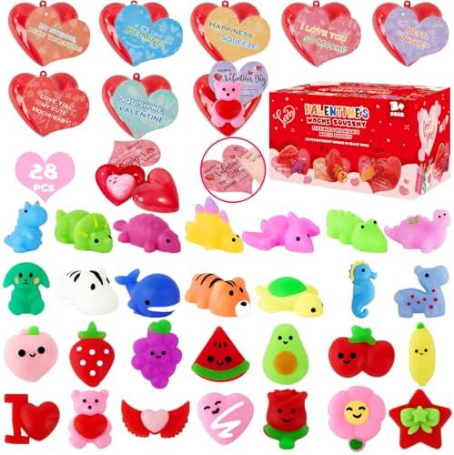28 Packs Valentines Day Gifts For Kids, Cute Mochi Squishy Toys and Valentines Cards with Hearts Box for School Boys Girls Exchange Gifts Classroom Prizes Valentine Party Favors