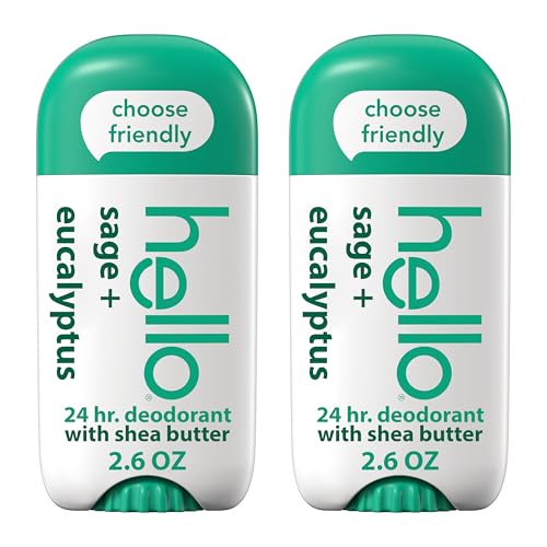 hello White Sage + Eucalyptus Deodorant With Shea Butter for Women + Men, Aluminum Free, Baking Soda Free, Parabens Free, 24 Hour Odor Protection, 2.6 Ounce, 2 Pack