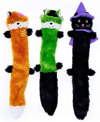 ZippyPaws Halloween Skinny Peltz Plush Dog Toys, Chew Toy with No Stuffing and Sqeaker for Small and Medium Dogs, 20 Inch 3-Pack, Zombie Fox, Witch Cat, and Franstein’s Monster Squirrel