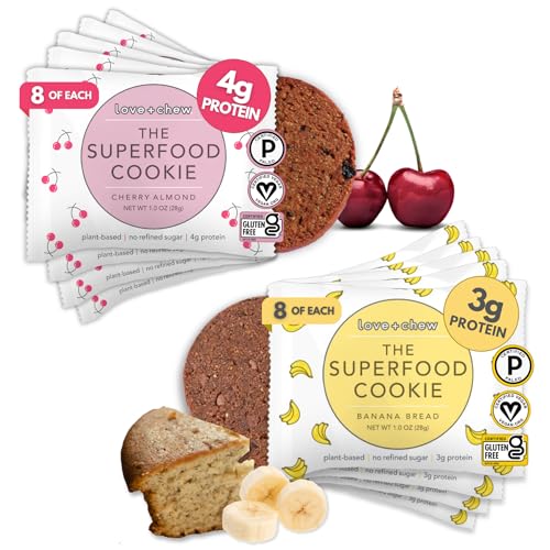 Love + Chew - Banana Bread and Cherry Almond Minis - 16 Count - Tasty, Gluten Free Cookies - Vegan - Healthy, Paleo, Non GMO - Individually Wrapped and Soft Baked with High Protein Almonds - 1 Oz Each