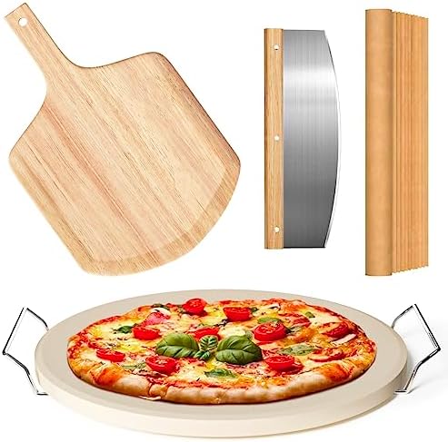 5 PCS Round Pizza Stone Set, 13" Pizza Stone for Oven and Grill with Pizza Peel(OAK),Serving Rack, Pizza Cutter & 10pcs Cooking Paper for Free, Baking Stone for Pizza, Bread