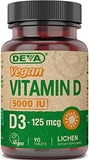 DEVA Vitamin D3 5000 IU, Sunshine Supplement, 125 mcg of Vegan D3, 90-Count Bottle