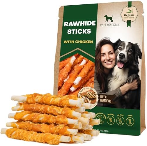 Dog Rawhide Sticks Wrapped with Chicken & Pet Natural Chew Treats - Grain Free Meat & Human Grade Dried Snacks in Bulk - Best Twists for Training Small & Large Dogs - Made for USA (Sticks)