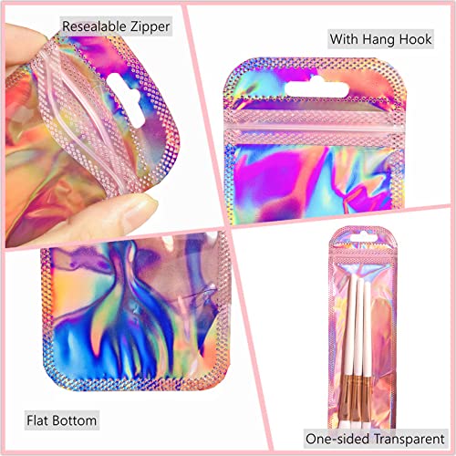 200 Pack Resealable Holographic Bags for Small Business Pink Ziplock Baggies for Jewelry,Lip Gloss,Lash,Zipper Bags Stripping Smell Proof Bag Sample Pouch Packaging Bags (2.4x7.3 inch,Small Size)