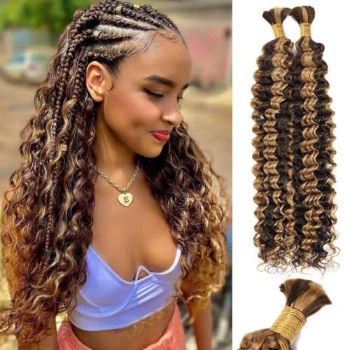 Human Braiding Hair 2 Bundles Total 100g 18 Inch Deep Wave P4/27 Brazilian Virgin Human Hair Weft for Boho Braids