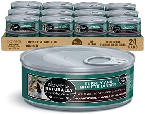 Dave's Pet Food Grain Free Wet Cat Food Gravy (Turkey & Giblets Dinner in Gravy), Made in USA Naturally Healthy Canned, Added Vitamins & Minerals, 5.5 oz Cans (24 Pack)
