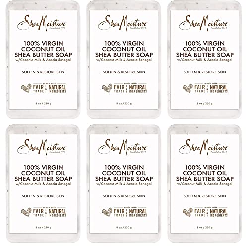 SheaMoisture Shea Butter Body Wash Bar Soap, Cleansing Skin Care to Soften & Restore, 100% Virgin Coconut Oil with Coconut Milk, Shea Butter & Acacia Senegal, 8 Oz Bar - 6 pack