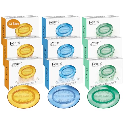 Pears Soap, Face & Body Soap, Variety 12-Pack – Pure & Gentle Transparent Bar Soap Bundle, Moisturizing Glycerin Soap for Glowing Skin, Amber, Blue, and Green Soap Bars, 3.53 Oz Ea