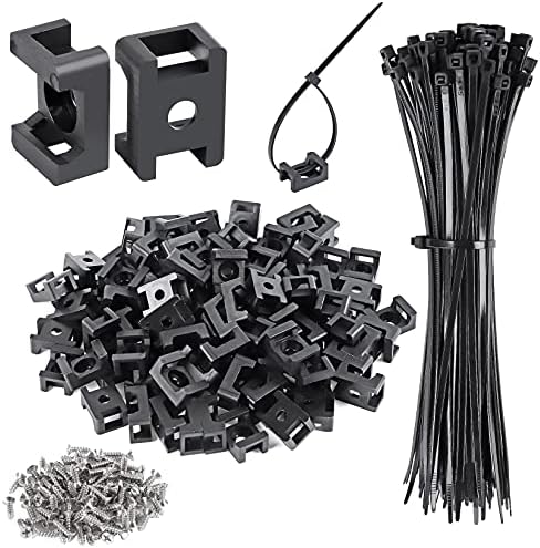 100 Pcs Cable Zip Tie Saddle Type Mounts Base with 8" Cable Ties Tapping Screw, Wire Cable Clips Organizer Holders Clamps Black