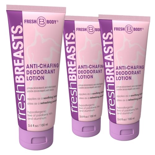 Fresh BREASTS Anti Chafing Deodorant Lotion to Powder, 3.4 Fl Oz (3 Pack) Anti Chafe Cream Whole Body Deodorant for Women, Inner Thighs & Areas that Sweat - No Talc, Aluminum and Fragrance