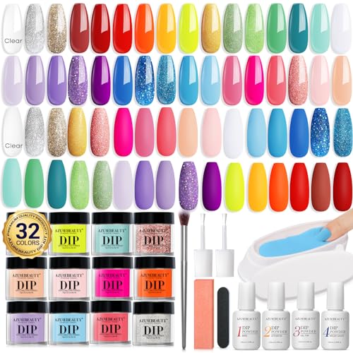 AZUREBEAUTY 42Pcs Dip Powder Nail Kit Starter - Going Summer, 32 Colors Blue Lilac Purple Pink Green Acrylic Nail Dipping Powder Set with Top/Base Coat Activator &Tray for French Art Manicure DIY Home