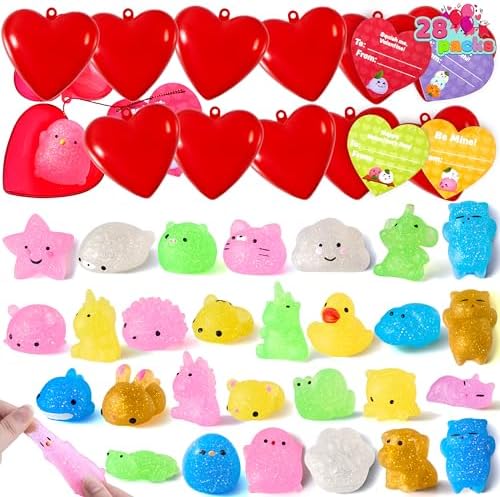 JOYIN 28 Packs Mochi Squishy Toys with Valentine Cards and Filled Hearts, Kawaii Glitter Squishy Toy for Kids Valentines Day Gift Exchange, Classroom Prizes, Valentine Party Favors Supplies