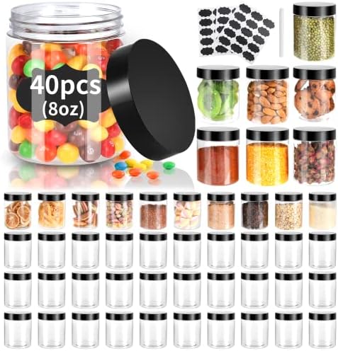 40 Pack Plastic Jars with Lids, Gencywe 8 oz Clear Slime Cosmetics Containers with Pen and Labels, Leakproof Storage Jars, PET Empty Jars with Black Lids for Kitchen Cookie Candy Spices Dry Food Cream