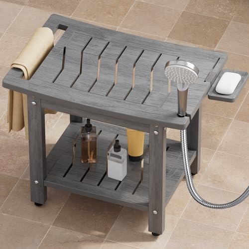 YEFU Shower Chair for Inside Shower: 21" Oversized Non-Slip Waterproof No Maintenance 500LBS Weight Capacity - Shower Bench/Stool with Shelf Handle for Bathroom/Outdoor - Easy Assemble for Adult/Gray