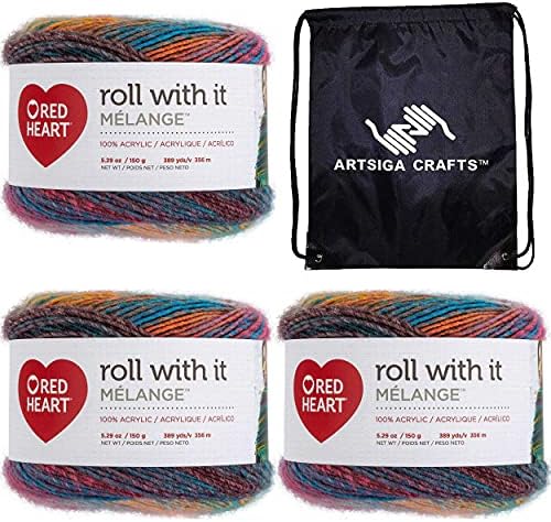 Red Heart Roll with It Melange Show Time E890-0752 (3-Skeins - Same Dye Lot) Worsted Medium #4 Acrylic Yarn for Crocheting and Knitting with Project Bag