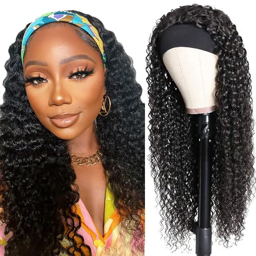 Deep Wave Headband Wig Human Hair 16 Inch Curly Headband Wigs for Black Women Human Hair Glueless None Lace Front Wigs Brazilian Virgin Hair Wig Machine Made 150% Density Natural Black Color