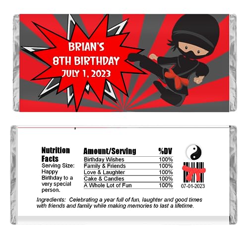 Personalized Candy Wrappers, Ninja Party Favors, Pack of 20 Custom Chocolate Bar Labels