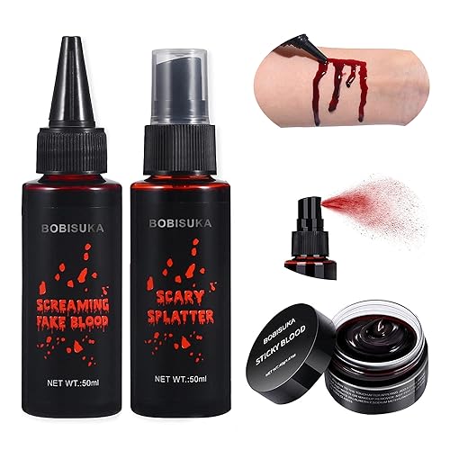 BOBISUKA 3PCS Halloween Fake Blood Makeup Kit - Coagulated Blood 1.41oz + Fake Blood Spray 1.76oz + Dripping Blood 1.76oz, Realistic Washable SFX Makeup for Zombie Monster Mouth Clothes Dress Up