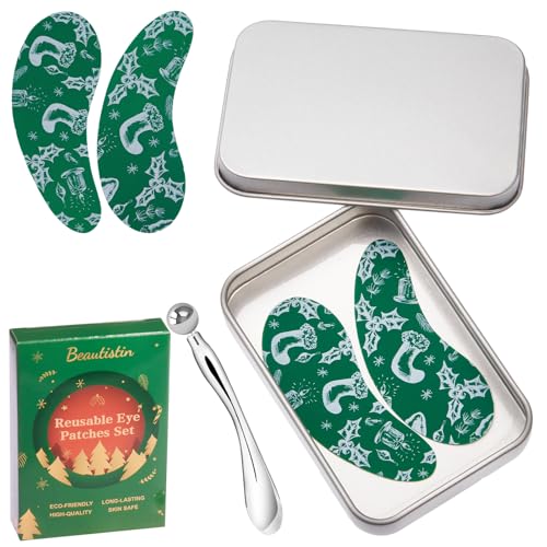 Under Eye Patches Silicone - 2 Pairs Reusable Eye Patches, Christmas Gifts for Women, Eye Wrinkle Patches, Reusable Under Eye Mask, with Metal Eye Cream Applicator, Tin Case, Christmas Green