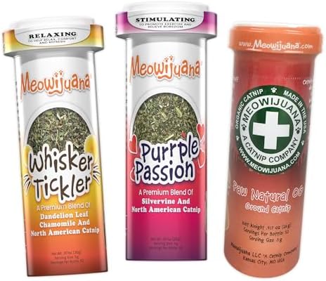 Meowijuana | Catnip Bottle Bundle | Purrple Passion, Whisker Tickler and Paw Natural OG | Premium Organic Catnip | Grown in North America | Perfect for Cat Toys | Fresh Catnip for Extended Playtime