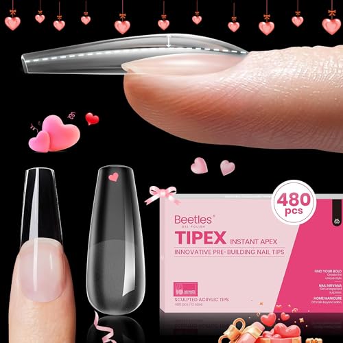 Beetles Tipex Instant Apex Nail Tips, 480Pcs Pre-building & Pre-Etched Tipex Gel Nail Tips, Thick Strong Acrylic Nails Clear Full Cover Long Coffin False Nails for Flat Nails Valentines Day Gifts