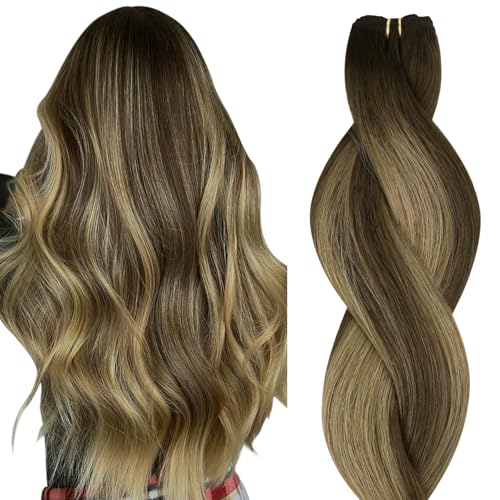 HOTBANANA Sew in Hair Extensions Real Human Hair, 20inch 100g Weft Hair Extensions Chocolate Brown Mixed Caramel Blonde Balayage Sew in Hair Extension Straight Remy Hair Weft Hair Extensions Full Head