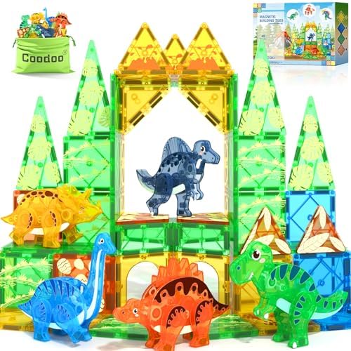 Dinosaur Toys Magnetic Tiles 3D Movable Dinos for Kids 3-5 5-7 Toddler Outdoor Sensory Toys, STEM Educational Magnetic Blocks for 3+ Years Old Boys Girls Kids Toys