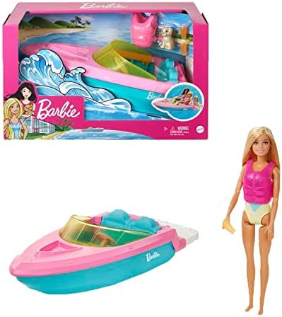 Barbie Doll & Toy Boat Playset with Pet Puppy, Life Vest & Beverage Accessories, Fits 3 Dolls & Floats in Water