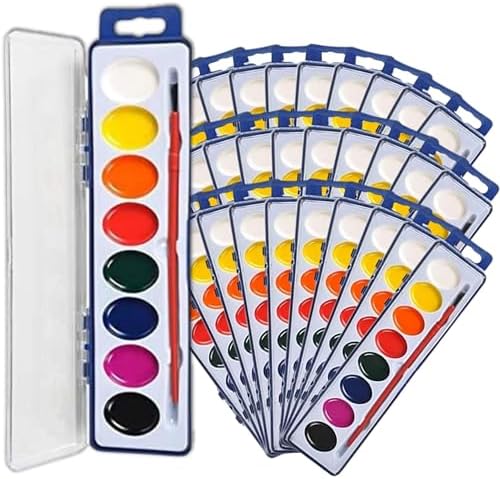 Neliblu Watercolor Paint Set - Pack of 36 Watercolor Palettes with 8 Washable Colors - Includes Paintbrushes - Art Supply Kit for Preschool Classroom, Art Classes and Kids' Parties and Party Favors