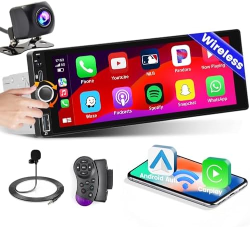 6.9 Inch Single Din Car Stereo with Wireless Carplay Android Auto HD Touchscreen Radio Receiver with Bluetooth 5.1 Audio FM/RDS EQ SWC Mirror Link AUX/TF/USB Type-C Port Backup Camera