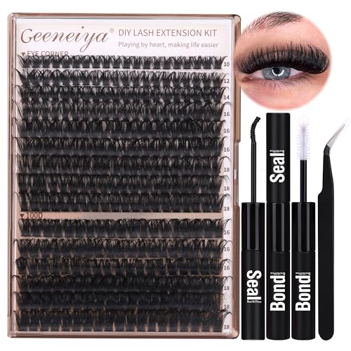 Geeneiya Volume Lash Clusters Kit DIY Lash Extension Kit D Curl Eyelash Extensions with Waterproof Lash Bond and Seal Waterproof Tweezers,10-14mm Eye Corner Eyelashes and 16-18MM Cluster Lashes 300Pcs