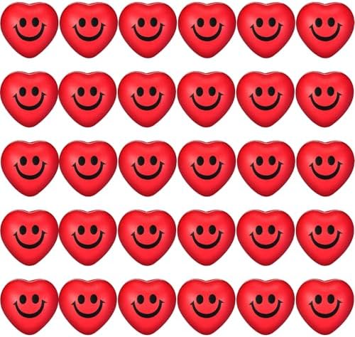30 Pieces Heart Stress Balls, Smile Funny Face Stress Balls, Mini Foam Ball, Stress Relief Smile Balls for School Carnival Reward, Valentine Party Bag Gift Fillers (Red)