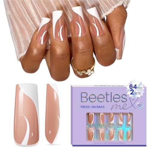 Beetles Press on Nails Long Square：Brown Press ons Gel Nail Tips Square 64 PCS 16 Sizes Pre-Shaped Reusable Stick on False Nails Acrylic Nails Press Ons with Glue for Women