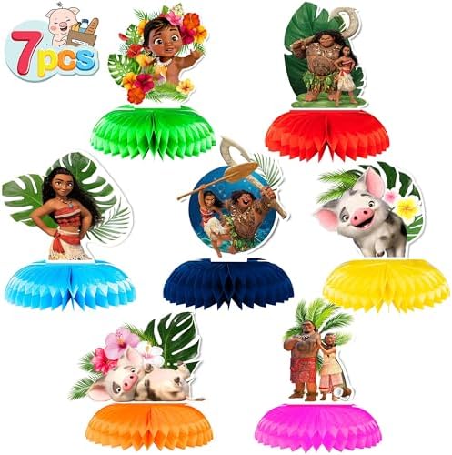 7Pcs Honeycomb Centerpieces for Moana Party Supplies, Double Sided Table Birthday Decorations Centerpieces Party Favors, Baby Shower Cake Topper Photo Booth Props Party Gifts