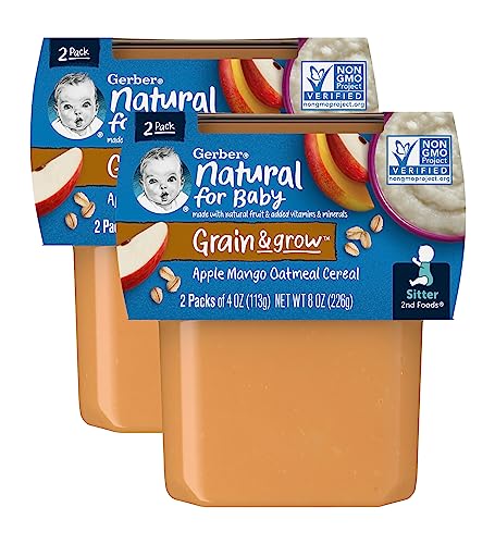 Gerber 2nd Foods Natural for Baby Grain & Grow Baby Food Tubs, Apple Mango Oatmeal Cereal with Added Vitamins & Minerals, 2-4 OZ Tubs Per Pack (Pack of 2)