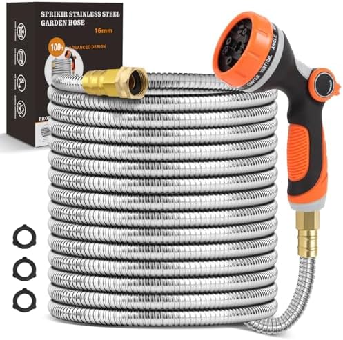 Garden Hose 100 FT Metal Flexible, Stainless Steel Water Hose 100ft with Nozzle, Solid Metal Fitting, Heavy Duty, No-Kink & Lightweight Metal Hose for Outdoor, Yard, Lawn, RV, Patio & Car