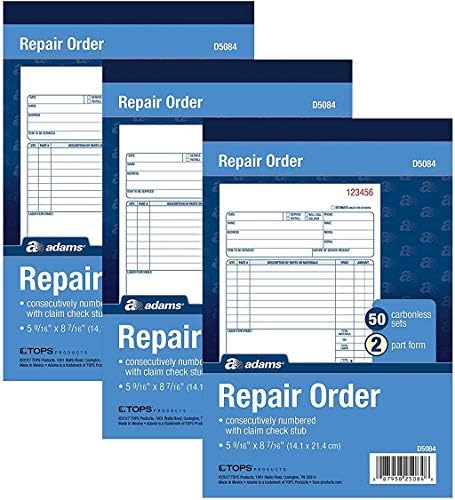 Adams Repair Order Book, Carbonless, 2-Part, White/White, 5-9/16 x 8-7/16 Inches, 50 Sets (D5084), 3 Pack