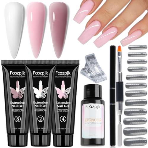Poly Nail Gel Kit, White Mauve Nude Pink Builder Nail Gel Kit With Slip Solution Dual Nail forms Nail Clips for Poly Gel Nail Starter Kit Extension Manicure Set
