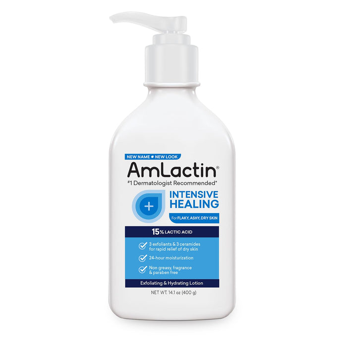 AmLactin Intensive Healing Body Lotion for Dry Skin – 14.1 oz Pump Bottle – 2-in-1 Exfoliator & Moisturizer with Ceramides & 15% Lactic Acid for Relief from Dry Skin (Packaging May Vary)