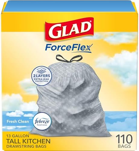 Glad Tall Kitchen Drawstring Trash Bags - Odorshield 13 Gallon White Trash Bag, Febreze Fresh Clean, 110 Count