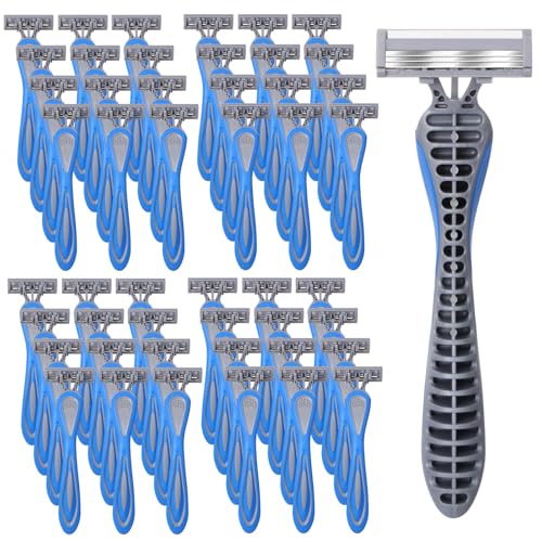 60 Pcs Disposable Razors for Men Bulk 3 Blade Disposable Razors Men's Disposable Razors Sensitive Skin Razor Long Blade Razors Disposable Head Razor for Hotel Spa Travel