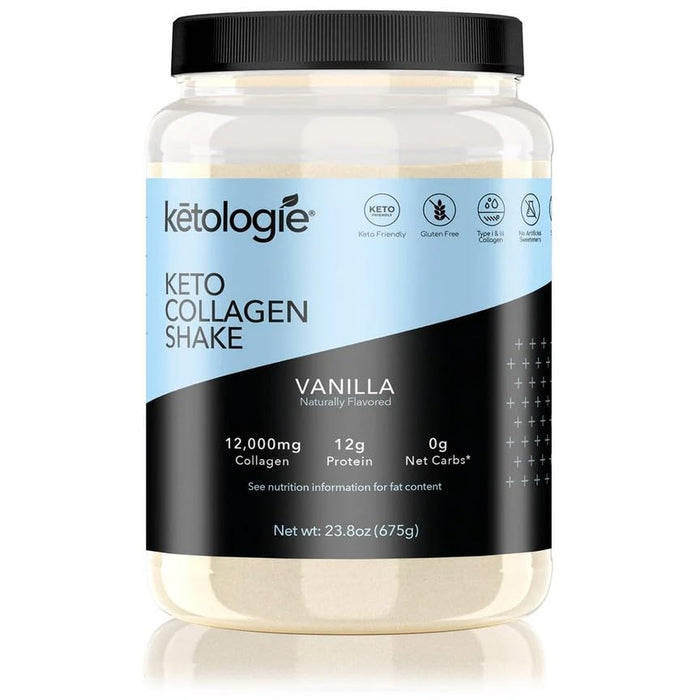 Ketologie Keto Collagen Shake (Vanilla) - with Coconut Oil, Prebiotics, Grass Fed Hydrolyzed Collagen Peptides Type I & III, Low Carb, Gluten Free,1.49lbs.