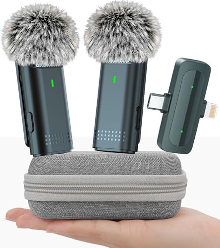 2 Pack Wireless Microphone for iPhone Android USB C Lav Mic for iPhone 15 Phone Microphone Video Recording Noise Cancelling Lapel Lavalier Microphones for YouTube Live Stream Podcast