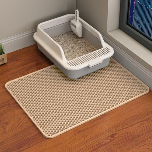 HCY&WLD Cat Litter Mat, 45x26/35x24/30x22/24x18 Inch Double Layer Cat Litter Box Mat, EVA Non-Slip, Waterproof Urine Proof Cat Litter Catcher Mat, Easy Clean Scatter Control (24x18 Inch, Khaki)