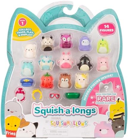 SQUISH-A-LONGS 14 Pack - 1” Mini-Squish with 4 Accessories, 1 Ring, and a Collector’s Guide - Collect, Trade, & Play