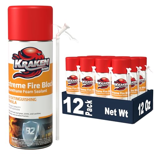 Kraken Bond Extreme Orange Fire Block Foam - (12x12oz) Fire Rated Polyurethane Spray Foam for Gap Filling, Sealing on Windows, Walls, Joints & Pipes, Straw Use High Expansion Fire Proof Foam - 12 Pack